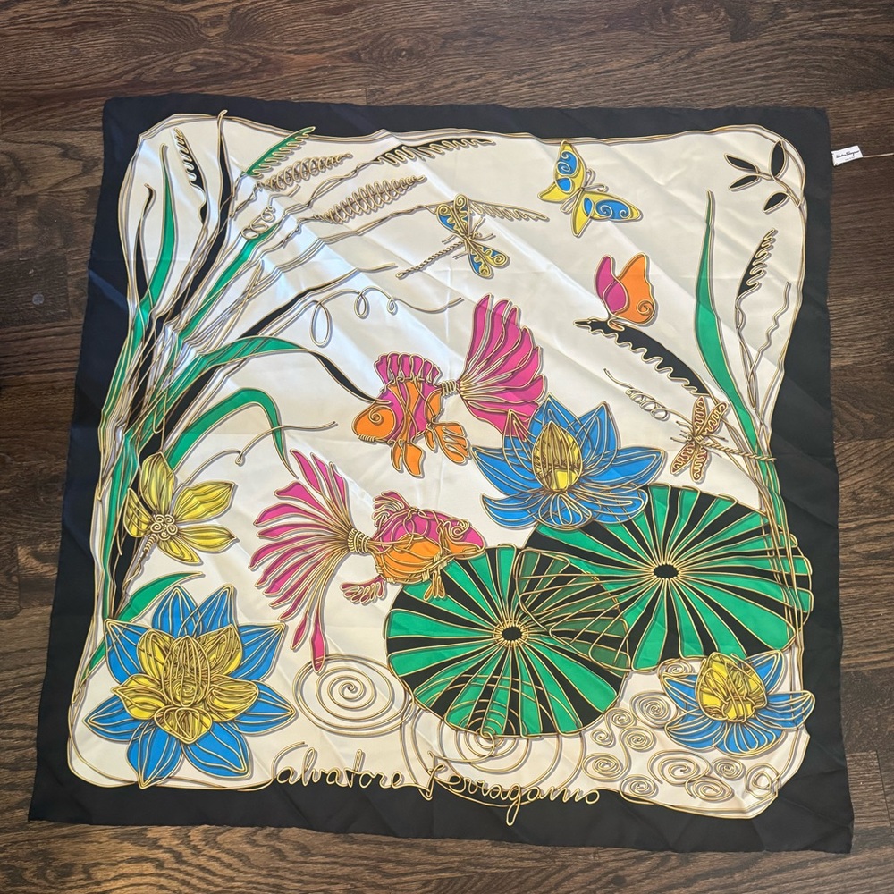 Brand new Salvatore Ferragamo Ironwork Fish Pond floral scarf 100% silk